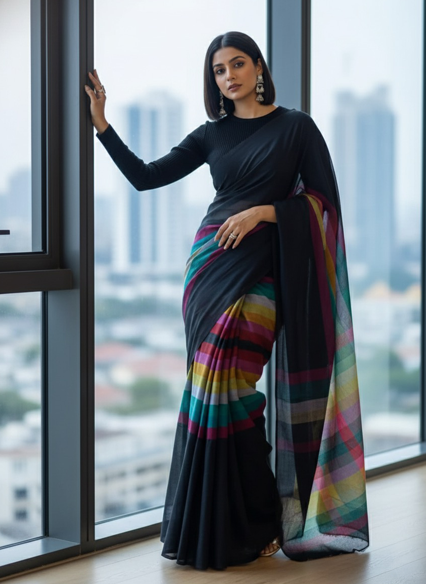 Black Rainbow Khadi Cotton Saree